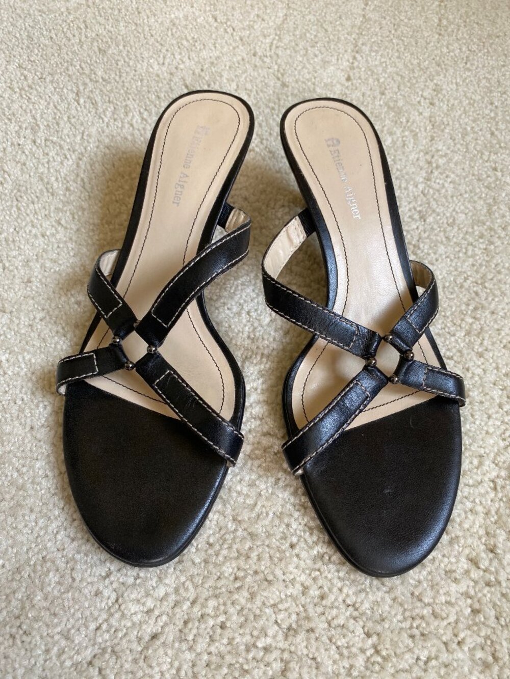 Vintage Y2K Etienne Aigner black leather strappy slide sandals, sz 9M